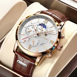 Lige Erkekler Moda Deri Su Geçirmez Aydınlık Üst Marka Lüks Mens Quartz Holwatch Relogio Maskulinobox 240227