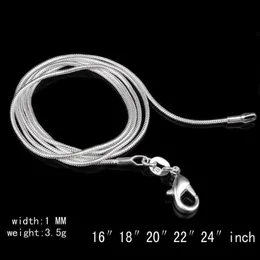 Big Promotions 100 pcs 925 Sterling Silver Smooth Snake Chain Necklace Lobster Clasps Chain Jewelry Size 1mm 16inch --- 24inch212J