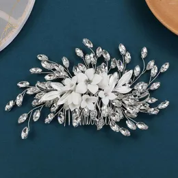 Hair Clips Glitter Rhinestone Combs For Bride Wedding White Flower Jewelry Handmade Crystal Leaf Hairpins Side Headpieces