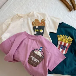 Boys letter embroidery T-shirt kids French fries bread printed short sleeve casual tops 2024 summer children clothes Z6892
