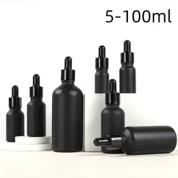 Flaskor 8st Black Refillable Droper Bottle Frosted Essential Oil Glass Liquid 5-100 ml Drop för massagepipett