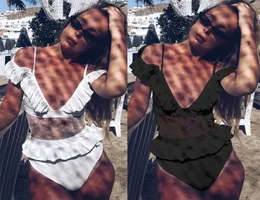 Einteiliger Badeanzug, Triangel-Bikini, V-Ausschnitt, gerüschte Mesh-Spitze, sexy Damen-Badeanzug, auf Lager, komplett 2148625