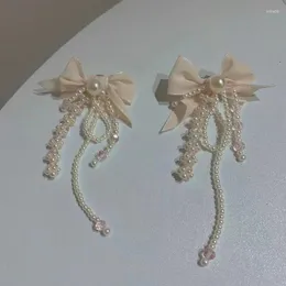 Dangle Earrings Korean Fabric Retro Sweet Pearl Crystal Bow Tassel Earring For Women Fashion Jewelry Gifts