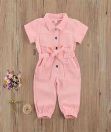 Summer Girls Pink Shortsleeve Denim Jumpsuit Belt Siamese Trousers Fashion Leggings Pants Lapel Kids Children039s Clothes 21084957276