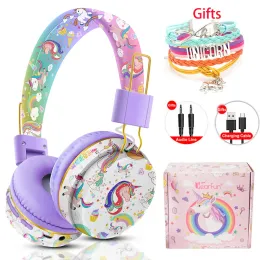 Kulaklıklar Kablosuz Kulaklıklar Mikrofon Rainbow Unicorn Kids Stereo Müzik Müzik Kask Kulaklık Oyuncu TF Kart Telefon Çocuklar Kulaklık