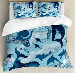 Uppsättningar av hajbäddsuppsättning för sovrums säng hem invånare av havshajar valar delfiner bläckfisk täcke täcke täcke täcke kudde
