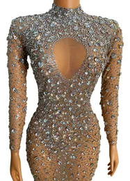 Birthday Wear Evening Celebrate Mesh Stretch Dance Dress Women Sexy Flashing Silver Crystals Rhinsones trasparente lungo