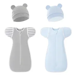 Sets 2piece/lot Newborn Sleepsack Baby Swaddle Blanket Wrap Hat Set Infant Adjustable New Born Sleeping Bag Muslin Blankets 06M