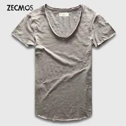 Zecmos Fashion Men T-Shirt With V Neck T Shirts For Men Male Luxury Cotton Plain Solid Curved Hem Top Tees Short Sleeve 240227