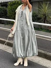 Casual Dresses V-neck Simple Sleeveless Dress Women Loose A-line Drawstring Folds Tank Robe Female 2024 Spring Summer Japan Chic Vestido