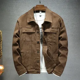 Spring Autumn Mens Brown Denim Jacket Fashion Casual Cotton Elasticity Slim Fit Jeans Coat Man varumärke Kläder 240222