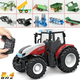 Arabalar 1/24 RC LED farlı traktör römorku, çiftlik oyuncakları seti 2.4GHz uzaktan kumanda kamyonu Çiftçilik Simülatörü Çocuk Hediyesi