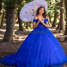 Красивые королевские синие платья Quinceanera 2024 с открытыми плечами, корсет принцессы Vestidos De Xv Anos, вечерние платья для выпускного вечера Sweet 15, платья для выпускного вечера, платья для 15 quinceanera