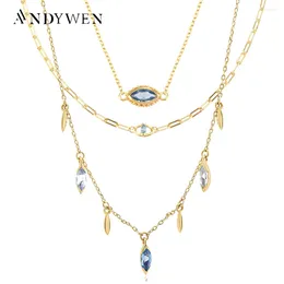 Chains ANDYWEN 925 Sterling Silver Gold Stacking Blue Zircon CZ Charm Wedding Necklace Choker Long Chain Luxury Jewelry Fine Jewels