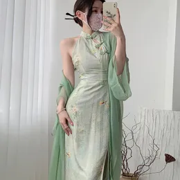 Sommarkvinnor ärmlös sexig delad qipao elegant tryck blomma kinesisk klänning retro traditionell orientalisk kläder cheongsam 240220