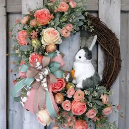Fiori decorativi ghirlanda di coniglio pasquale fiore artificiale in plastica 40 cm per la decorazione della porta d'ingresso