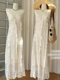 Casual Dresses Retro Embroidery Lace Slim Women Suspender One-Piece Ruffle Decoration Zipper Female V-neck Ankle-Length Halter Dress 2024