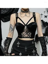 Kvinnors tankar 2024 Dark Velvet Mesh Patchwork Elegant Tank Tops Mall Gotic Eesthetic Buckle Women Crop Top Grunge Skinny Sheer Sexy Alt