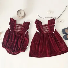 Girl Dresses Christmas Sister Clothes Velvet Jumpsuit Flying Sleeve Embroidery 1Year Birthday Dress Baby Party Kids Princess