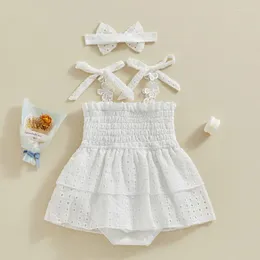 Girl Dresses Baby Romper Dress Eyelet Flower Bowknot Tie-Up Straps Skirt Hem Infant Bodysuit Summer Outfit With Headband