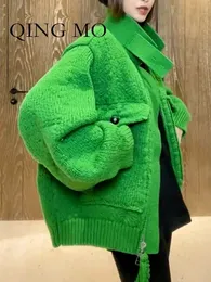 QING MO Cappotto del maglione verde Cardigan Donna Primavera Autunno Giacca maglione con nappa ispessita Top Streetwear femminile ZXF2634 240219