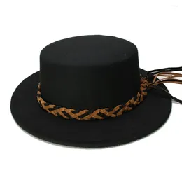 Berets LUCKYLIANJI Women Men Vintage Wool Wide Brim Round Cap Pork Pie Porkpie Bowler Hat Twist Braid Leather Band (57cm/Adjusted)