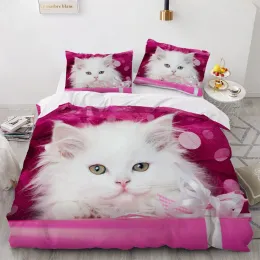 Uppsättningar 3D -sängkläder sätter Red Däcke Quilt Cover Set Comporter Bed Linen Pillowcase King Queen 210*210 cm Size Pet Cat Design för barnflickor