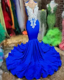 Royal Blue Prom Dresses 2024 Beaded Appliques 생일 파티 드레스 인어 저녁 착용 Robe de Ball 326