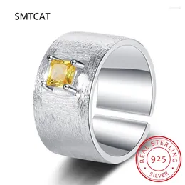 REARS CLUSTER REAL 925 Sterling Silver Square Citrine Gemstone Frosted Wide Open Ring for Women Wedding Party Fine Jewelry Gift DS3461