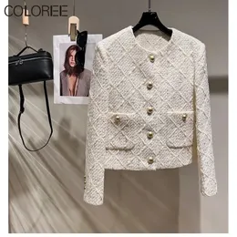 White Tweed Jacket for Women Winter Luxury Designer Elegant Oneck Woven Wool Coats Korean Style Chaqueta Mujer 240226