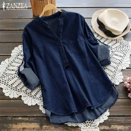 Zanzea Women039S Denim Blue Stirts Fashion Autumn Bluse Casual Button V Tops Long Sleeve بالإضافة إلى حجم Jean Tunic Blusa 5xl T6836903