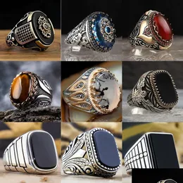 Anéis de casamento retro homens anel 9 estilo na moda incrustado zircão preto artesanal turco punk metal escultura padrão vintage jóias festa gi dh12e