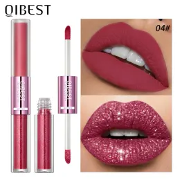 QIBEST 2'de 1 Çift Kafa Dudak Makyaj Seti Mat Sıvı Ruj Su Geçirmez Uzun Ölü Ruj Glitter Lipgloss Kozmetik Kitleri