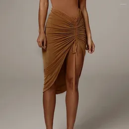Юбки Meqeiss 2024, сексуальная обтягивающая уличная юбка миди с завязками и рюшами и высокой талией, женская облегающая летняя юбка