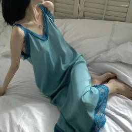 Women's Sleepwear 2024 Long Dress Spring A-line Skirt Korean Sexy Halter Nightdress Deep V Neck Lace Pyjamas Lacework Hollow Pajamas
