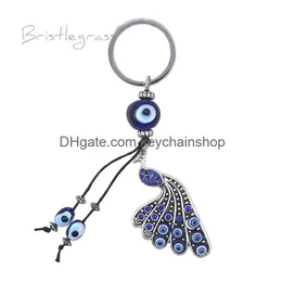 Nyckelringar Bristlegrass Turkish Blue Evil Eye Rhinestone Peacock Peafowl Keychain Chain Ring Holder amet Blessing Pendant Lucky Charm D otuts