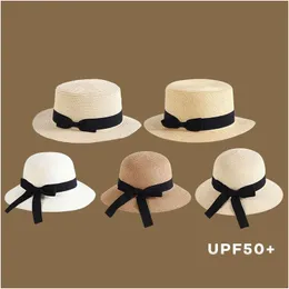 Wide Brim Hats Bucket Summer Sun Protection Women Flat Top Hat Warp Knitted Edge Bow Beach Outdoor Breathable Shading St Drop Deliv Dhlws