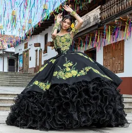 Abiti di quinceanera messicano nero abito da ballo maniche lunghe Appliques Organza perline Charro Sweet 16 Abiti 15 Anos