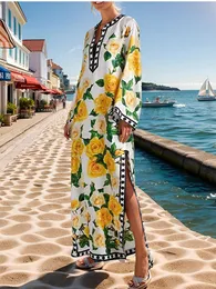 Robe Fashion Yellow Rose Flower Printing Dress Party Holiday Women Loose Vestidos Runway Elegant