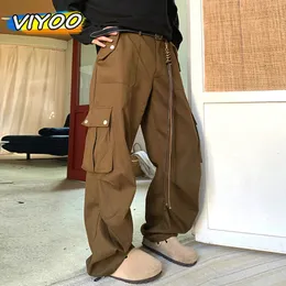 Koreansk stil mens y2k traksuits brun bred ben baggy last byxor japan tekniska slitage byxor tröjor raka spår byxor 240601