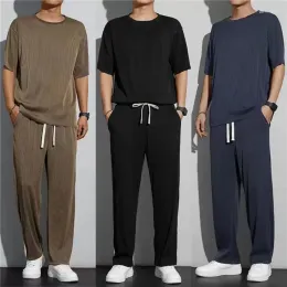 herrespår is Silk Casual Suit Male In Tide Brand Straight Pleated Sports Pants Summer Thin Secti Handsome Drape Mens Clothing