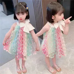 Mädchenkleider Regenbogen Blumenmädchenkleid Prinzessin Sommer ärmellose Bogen O-Neck Kleinkind Kinder Baby Kinder Mädchen Kleidung 2-7y Y240529