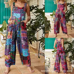 Spring 2023 Womens Fashion Ethnic Style Patchwork Printed Button Bodysuit Strap PantsWelcome to our store 230720