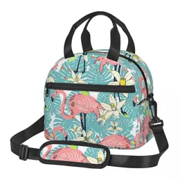 Flamingo Tropical With Flowers Large Thermal Insulated Lunch Bags With Adjustable Shoulder Strap Cooler Thermal Food Box 240601