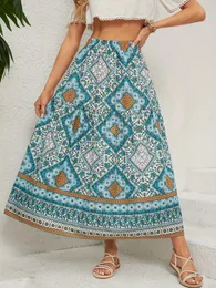 Allover Ethnic Print Midi 치마 Boho High High Waist Loose Skirt Spring Summer Womens Clothing 240601