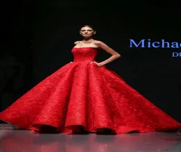 Michael Cinco rotes Abendkleider Spitze applizierte Perlen Rüschen trägerloser Abschlussballkleider Party tragen maßgeschneiderte bodenlängliche DRES6623967