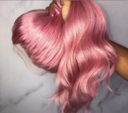 Brasiliansk jungfrulig mänsklig hår peruk 13x4 rosa färg blekt knutar naturliga hårfäste spetsar front med baby hår8417745