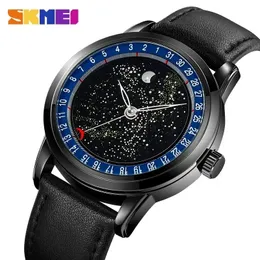 SKMEI 2116 Mens Casual Genuine Leather Strap Date Wristwatch reloj hombre movement Fashion Starry Sky Moon Phase Watches 240521