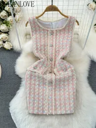 Oceanlove Tweed Frauen Kleider Frühling Sommer Korean Fashion Vestidos Mujer Plaid Elegant Kontrastfarbe Ärmeln Mini Kleid 240529