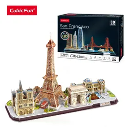 3D 퍼즐 Cubicfun 3D 퍼즐 LED Paris Cityline 모델 세트 Eiffel Tower Notre Dame Cathedral Louvre 성인 및 어린이 빌딩 파리 프랑스 G240529